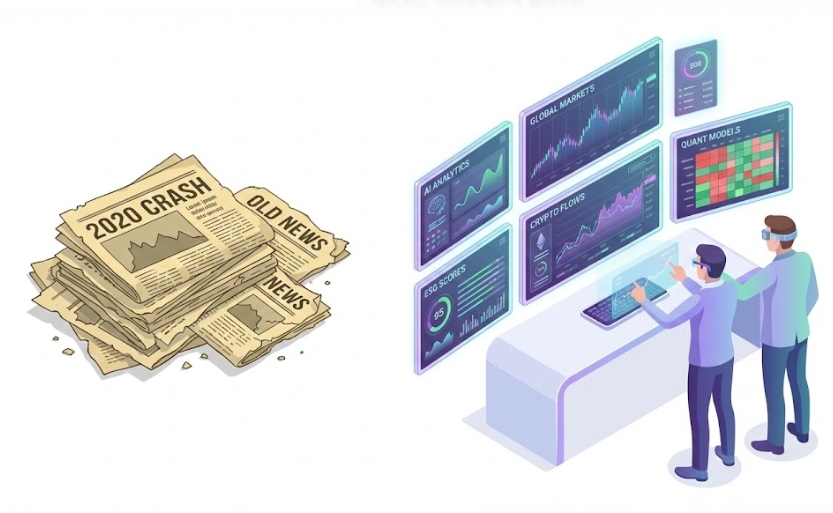 2026년 스마트 투자자의 5개 필수 데이터 분석 모니터와 구식 신문이 대비되는 아이소메트릭 일러스트