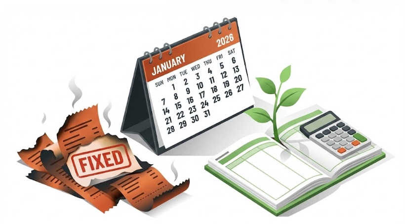 2025년의 확정된 세금 청구서와 2026년의 새로운 절세 계획이 대비되어 있는 1월의 책상 아이소메트릭 일러스트