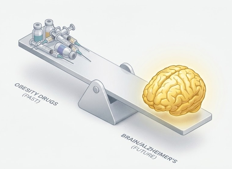 비만 치료제 시장에서 뇌 질환 치료제 시장으로 자금과 트렌드가 이동하는 것을 표현한 아이소메트릭 저울 일러스트
