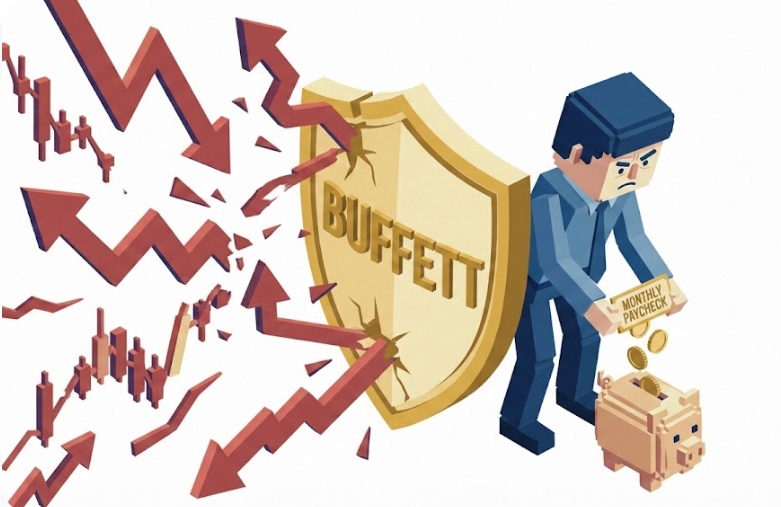하락장에서 월급으로 주식을 매수하는 직장인과 워런 버핏의 방패를 대조적으로 묘사한 아이소메트릭 일러스트