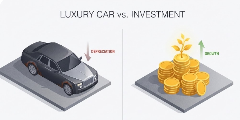 왼쪽에는 감가상각되는 고급 자동차, 오른쪽에는 동전 위에서 자라나는 황금빛 묘목이 있는 아이소메트릭 일러스트