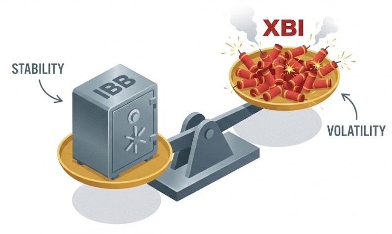 안정적인 대형주 위주의 IBB와 변동성이 큰 중소형주 위주의 XBI를 금고와 폭죽으로 비유하여 차이점을 설명한 아이소메트릭 일러스트