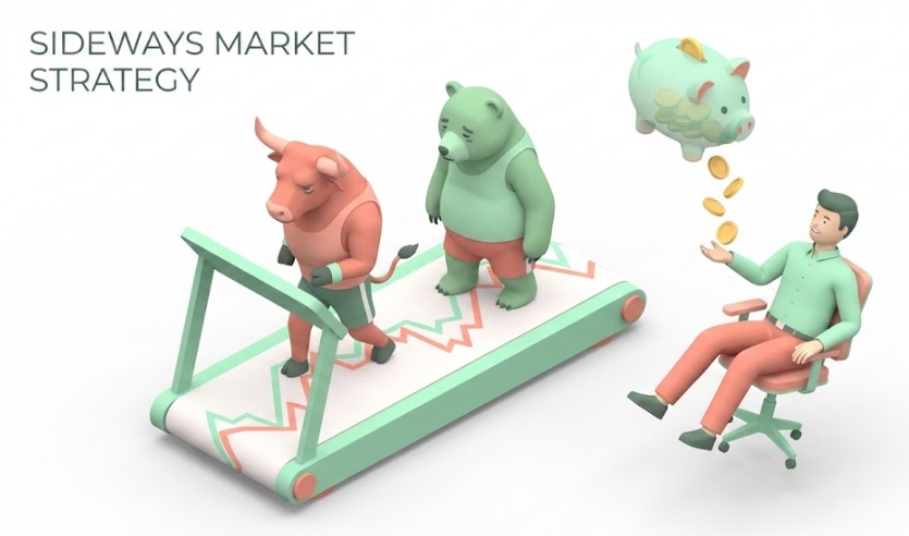 횡보장 차트 위에서 피곤해하는 황소와 곰 옆으로, 배당금 동전을 모으는 직장인의 복스(Vox) 스타일 아이소메트릭 일러스트. JEPI 및 JEPQ ETF 개념 시각화.