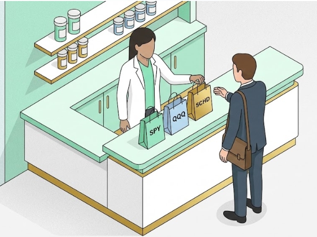 약사 가운을 입은 금융 전문가가 직장인에게 SPY, QQQ, SCHD가 적힌 약봉투를 처방해주는 일러스트 (ETF 투자 포트폴리오 추천)