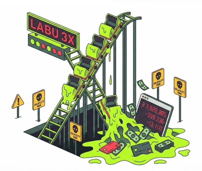 3배 레버리지 ETF인 LABU 주식의 극심한 변동성으로 인해 투자자의 계좌 잔고가 녹아내리는 모습을 풍자한 아이소메트릭 일러스트