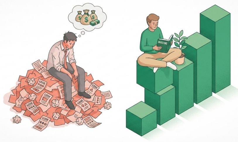 로또 티켓 위에 앉아있는 직장인과 성장하는 주식 차트 위에 앉아 공부하는 투자자의 대조적인 아이소메트릭 일러스트.