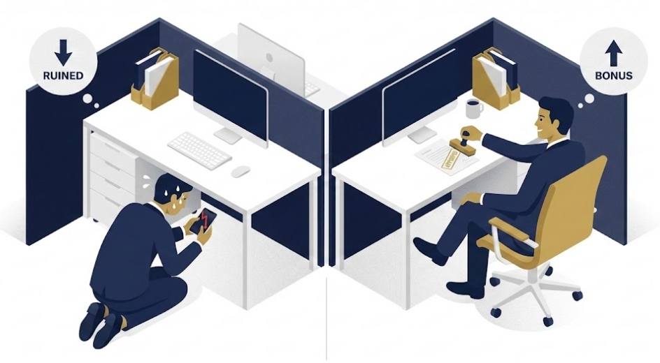 책상 밑에서 몰래 급락하는 주식 차트를 보며 식은땀 흘리는 김 대리와 여유롭게 결재 도장 찍는 부장님의 대비 일러스트 (직장인 재테크 성향 테스트)