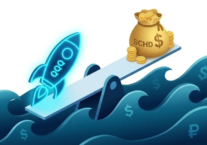 환율 변동성이라는 파도 위에서 균형을 잡고 있는 기술주(QQQ)와 배당주(SCHD)의 아이소메트릭 일러스트