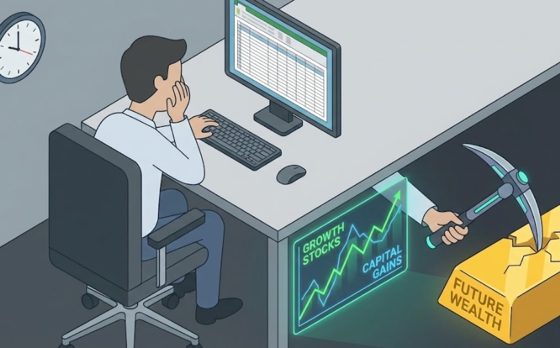 지루한 업무 시간 몰래 성장주를 발굴하며 자본 증식을 노리는 직장인의 이중생활을 묘사한 아이소메트릭 일러스트