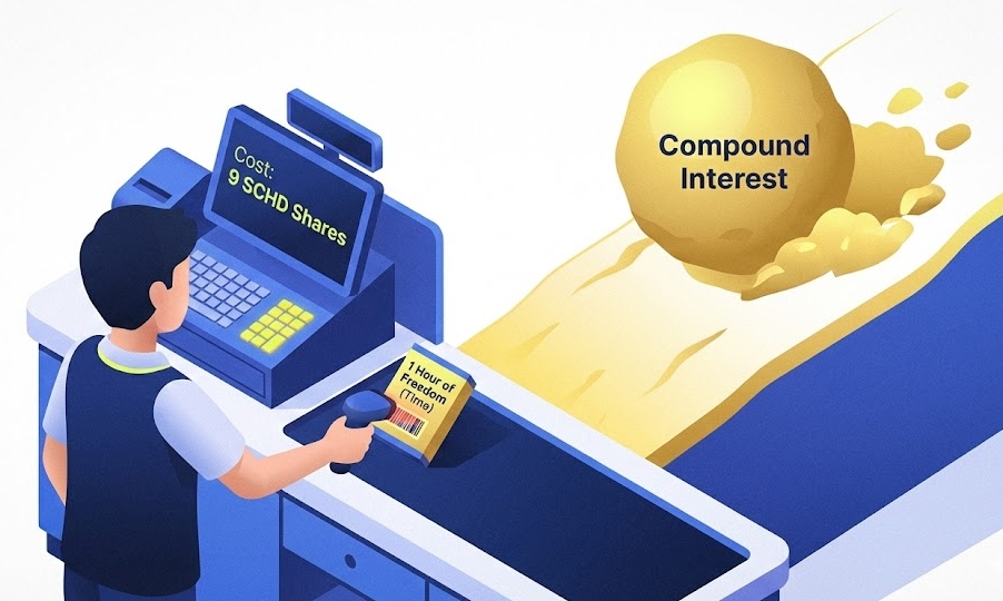 배당주 SCHD 투자를 통해 노동 시간을 줄이고 자유를 얻는 과정을 시각화한 2026년 버전 아이소메트릭 일러스트