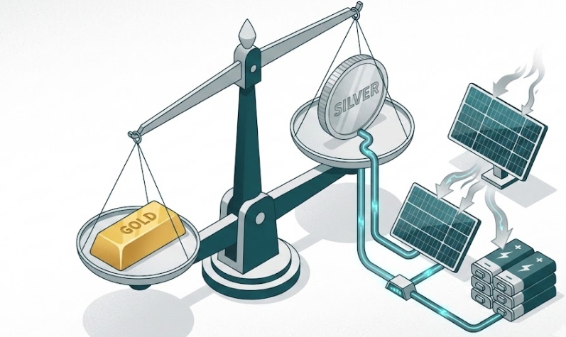 금과 은의 가격 비율 저울과 태양광 패널, 전기차 배터리의 은 수요를 아이소메트릭으로 표현한 일러스트