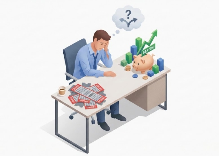 피곤한 직장인이 로또와 S&P 500 ETF (VOO, IVV, SPY) 중에서 고민하는 복스 미디어 스타일 아이소메트릭 일러스트.