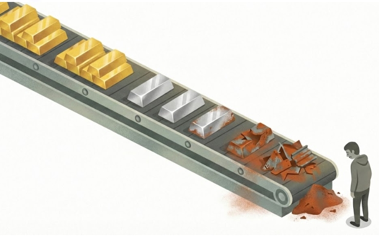 정보가 전달되는 과정에서 가치가 훼손되어 개인 투자자에게는 쓸모없는 정보가 도달하는 과정을 표현한 컨베이어 벨트 일러스트