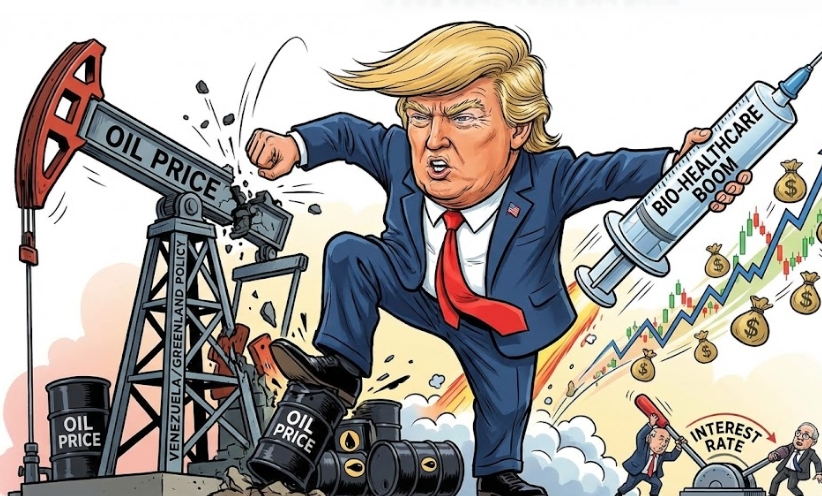 트럼프의 고압적인 저유가 정책이 어떻게 바이오 헬스케어 섹터의 로켓 상승을 유발하는지 표현한 풍자적 일러스트