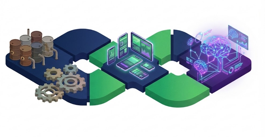 1996년 제조업과 에너지에서 2026년 인공지능과 빅테크로 자본이 이동하는 과정을 아이소메트릭으로 표현한 일러스트