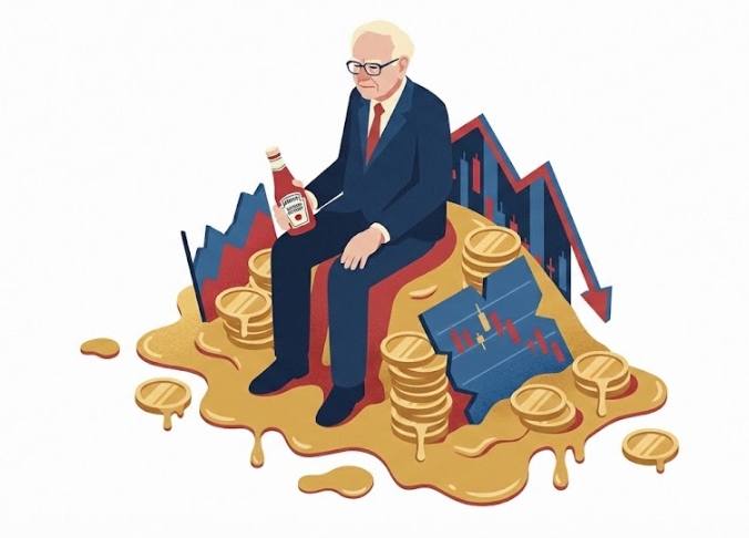 워런 버핏이 크래프트 하인즈 케첩을 들고 부러진 주식 차트 위에 앉아 있는 아이소메트릭 일러스트.