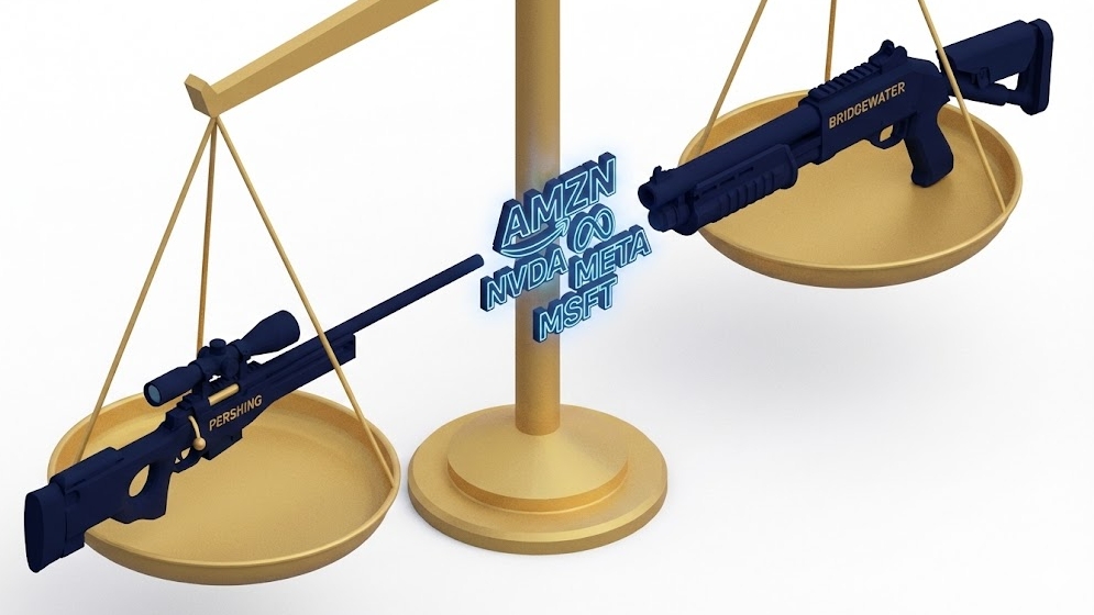 집중 투자를 의미하는 저격총과 분산 투자를 의미하는 산탄총을 저울에 올린 아이소메트릭 그래픽