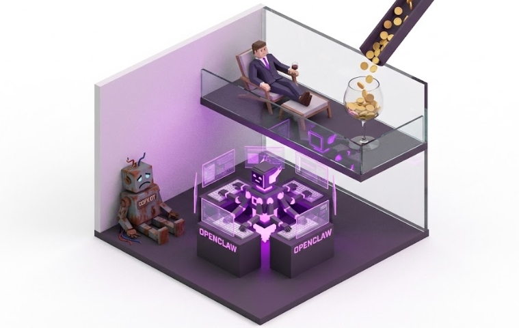 에이전트 AI 오픈클로가 업무를 대체하고 투자자가 수익을 얻는 미래 사무실 일러스트