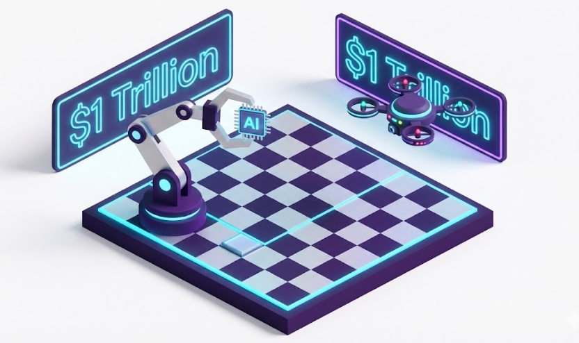 로봇과 자율주행 드론이 AI 반도체를 두고 경쟁하는 아이소메트릭 그래픽