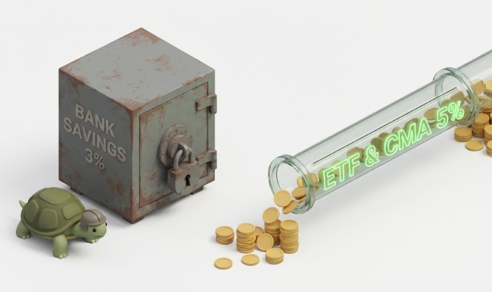 은행 적금의 느린 속도와 시장 투자 상품의 빠른 유동성을 비교한 일러스트