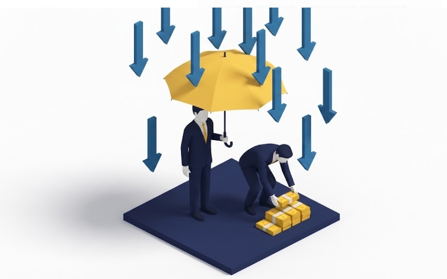 하락장 화살표를 우산으로 막으며 현금을 챙기는 직장인 일러스트