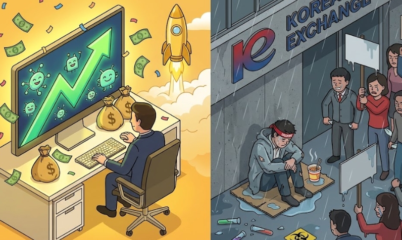 바이오 투자 대박의 꿈과 상장폐지 시위의 현실을 대비한 일러스트