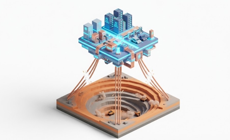 구리 광산의 공급 부족과 AI 데이터센터의 수요 폭증을 연결한 일러스트