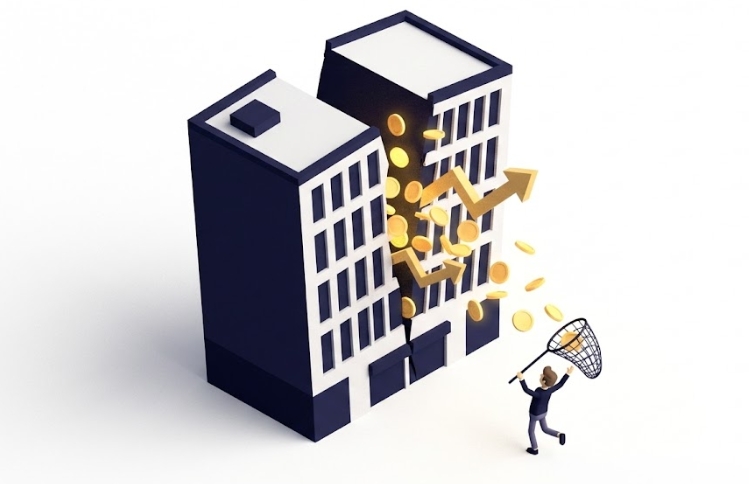 쪼개지는 기업 건물에서 쏟아지는 동전을 줍는 투자자 아이소메트릭 그래픽