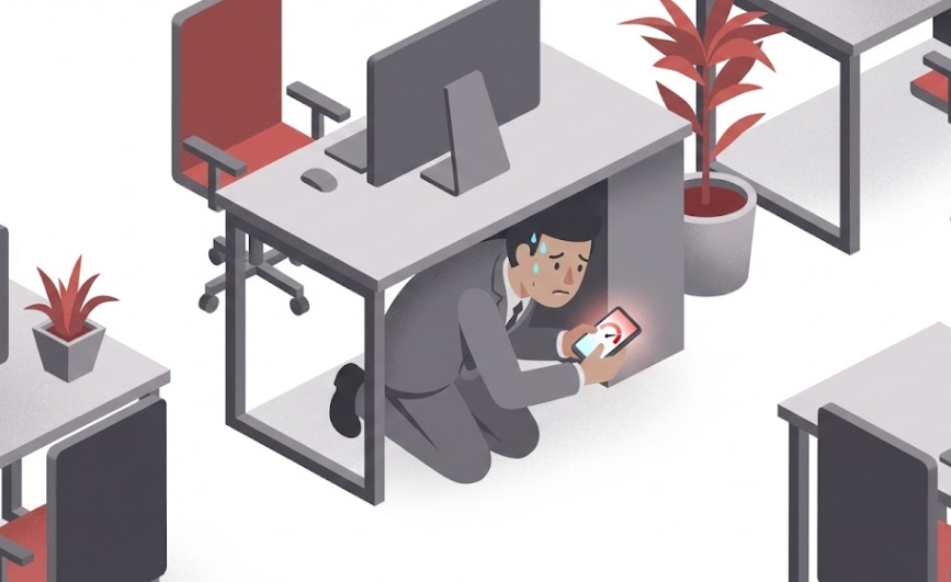 사무실 책상 아래에서 공포 탐욕 지수를 몰래 확인하는 직장인 일러스트