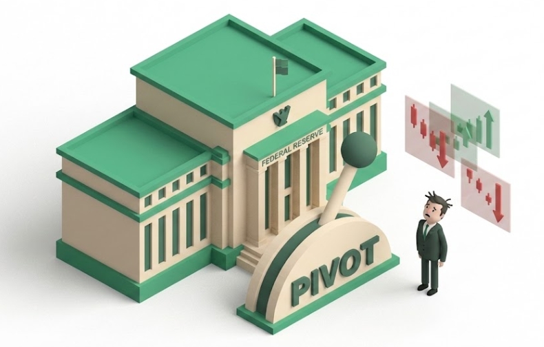 연준 피봇 레버와 금리 인하를 기다리는 주식 시장 차트 일러스트