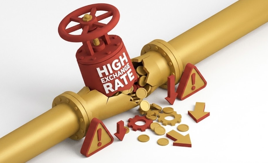 고환율로 인해 배당 수익이 새어 나가는 파이프라인 경고 일러스트