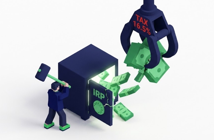 IRP 계좌를 깨자마자 16.5%의 세금을 기계 집게가 떼어가는 아이소메트릭 그래픽