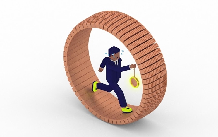 적금 풍차돌리기를 쳇바퀴 도는 햄스터에 비유한 아이소메트릭 그래픽