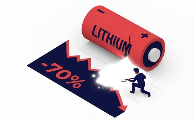 폭락한 차트 위에서 하얀 리튬 가루를 스푼으로 담으려는 투자자 아이소메트릭 그래픽