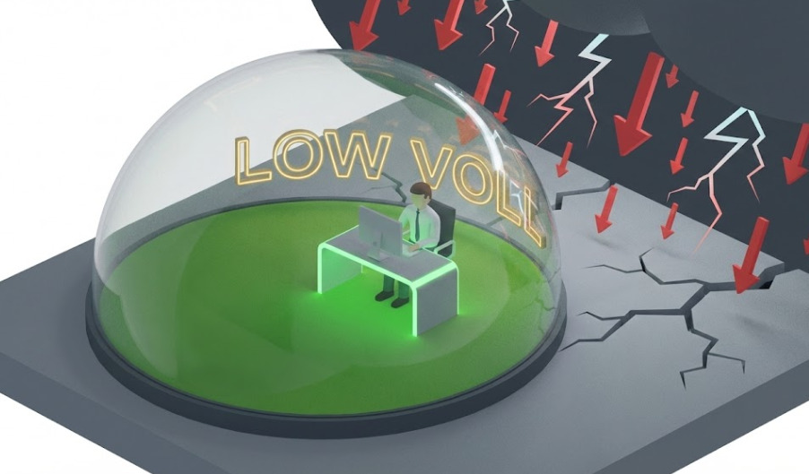 폭락장(붉은 화살표 폭풍) 속에서 'LOW VOL' 투명 돔 안에 안전하게 보호받으며 업무를 보는 직장인의 아이소메트릭 일러스트