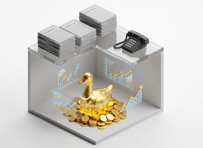 겉으로는 업무 중이지만 속으로는 자산을 불리는 직장인의 이중생활 일러스트