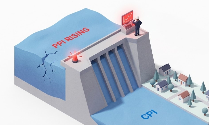 생산자물가(PPI) 상승이 소비자물가(CPI)에 미치는 영향을 댐에 비유한 일러스트