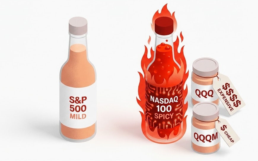 S&P 500보다 변동성이 큰 나스닥 100과 QQQ, QQQM의 차이를 비유한 일러스트