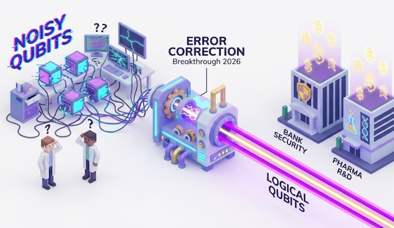 양자 오류 수정 기술을 통해 금융 및 제약 분야에서 실제 수익을 창출하는 양자 컴퓨팅의 진화를 표현한 일러스트