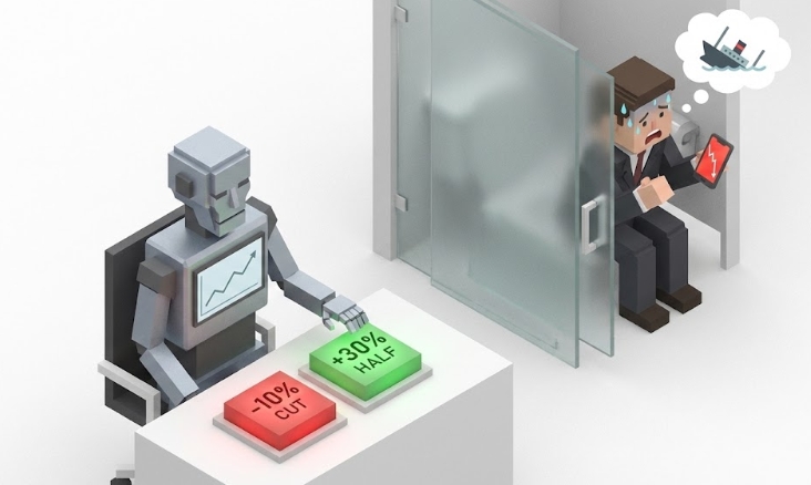 감정을 배제한 기계적인 매매 원칙과 화장실에서 당황하는 투자자의 대비 일러스트