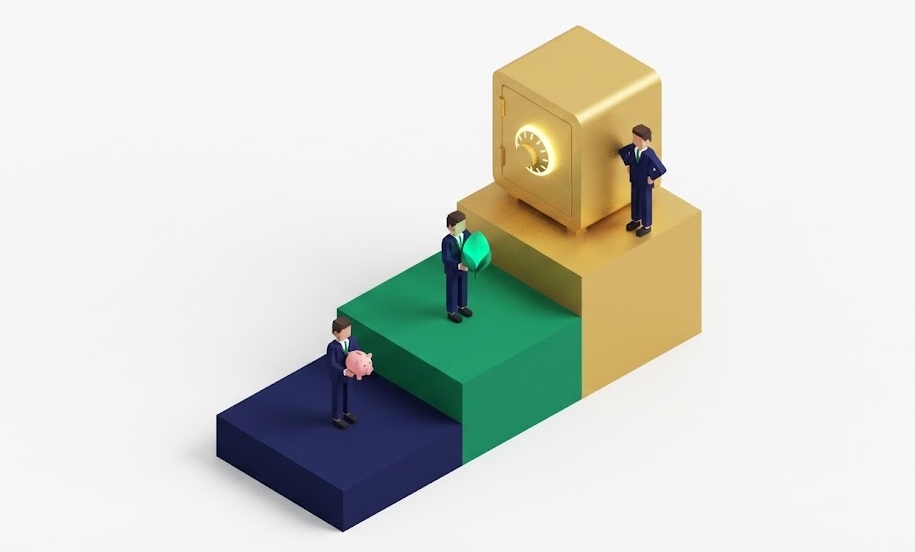 연차별 시드머니 목표를 3단계 계단으로 표현한 아이소메트릭 그래픽