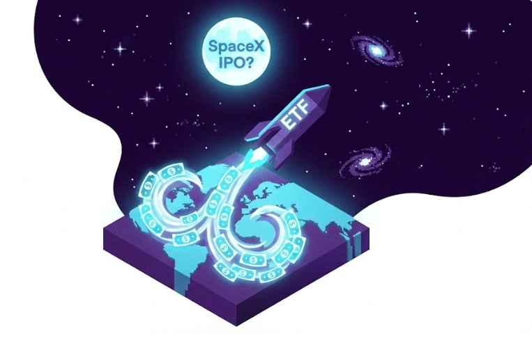 우주 산업의 폭발적 성장과 스페이스X 상장 기대감을 표현한 로켓 발사 일러스트
