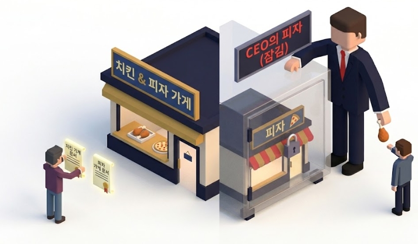 인적 분할과 물적 분할을 치킨집과 피자집으로 비유한 아이소메트릭 그래픽