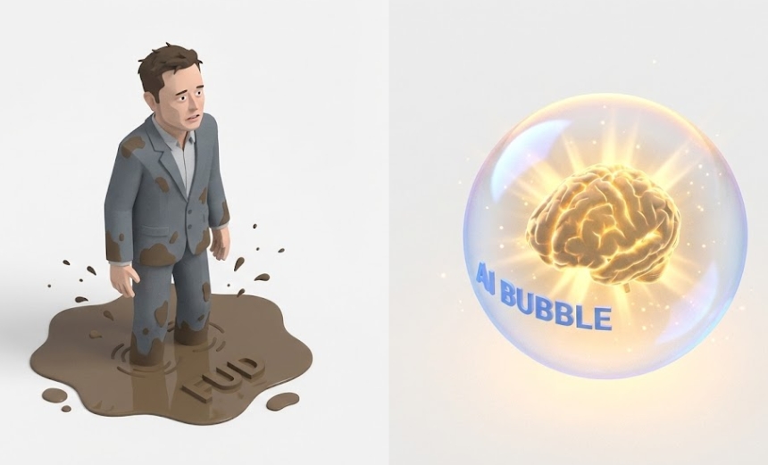 2019년 테슬라의 위기와 2026년 AI 거품론의 평행이론 일러스트