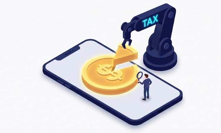 배당금 동전의 15%를 떼어가는 세금을 돋보기로 확인하는 투자자 아이소메트릭 그래픽