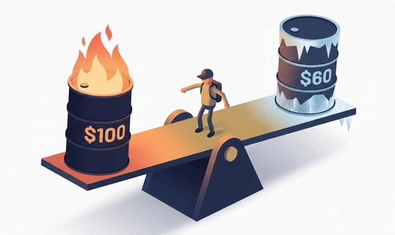 유가 100달러와 60달러 시나리오 사이에서 고민하는 원유 ETF 투자자 아이소메트릭 그래픽