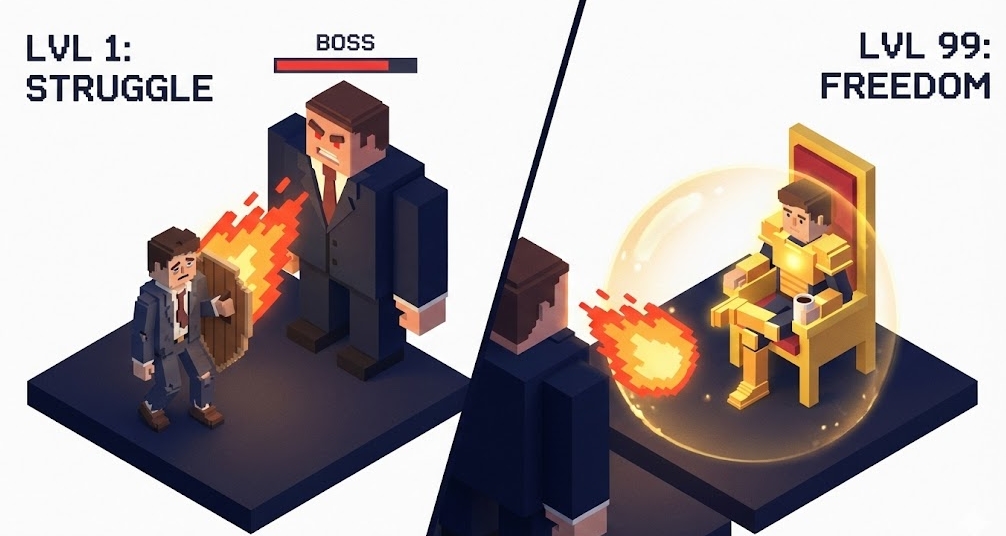 통장 잔고(레벨)에 따른 상사(보스 몬스터) 대처 능력을 RPG 게임처럼 묘사한 아이소메트릭 그래픽